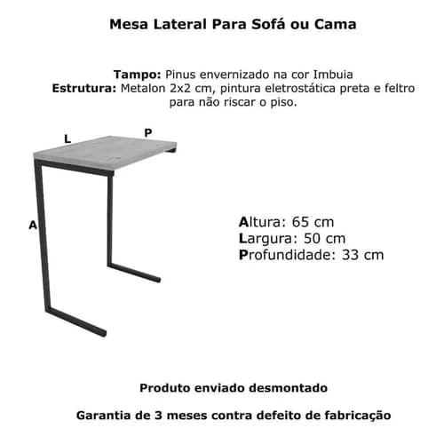 Mesa de Apoio Lateral para Sofá, Cama - Estilo Industrial