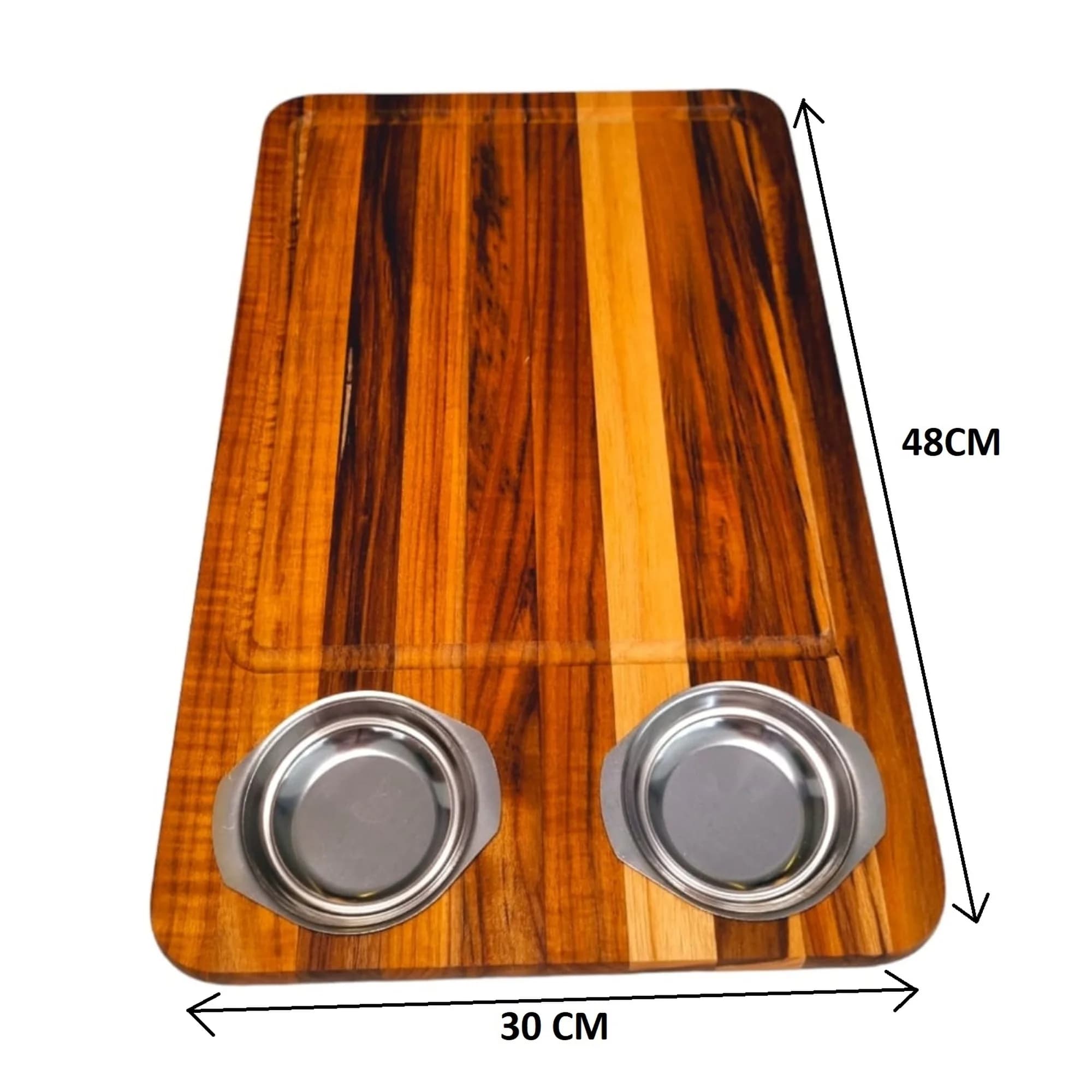 Tábua De Carne Teka com duas Molheiras de Inox